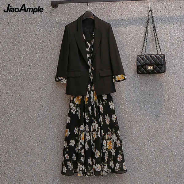 Autumn New Suit Dress Matching Set Women's Casual Blazers Jacket Floral Midi Skirt Two-piece Korean Elegant Suits