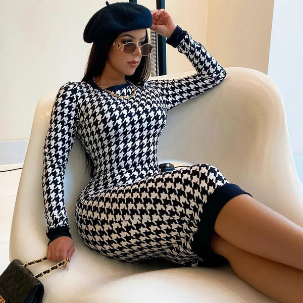 Houndstooth Print Women Long Sleeve Midi Dress Hollow Out Bodycon Sexy Streetwear Autumn Winter Club Elegant Slim