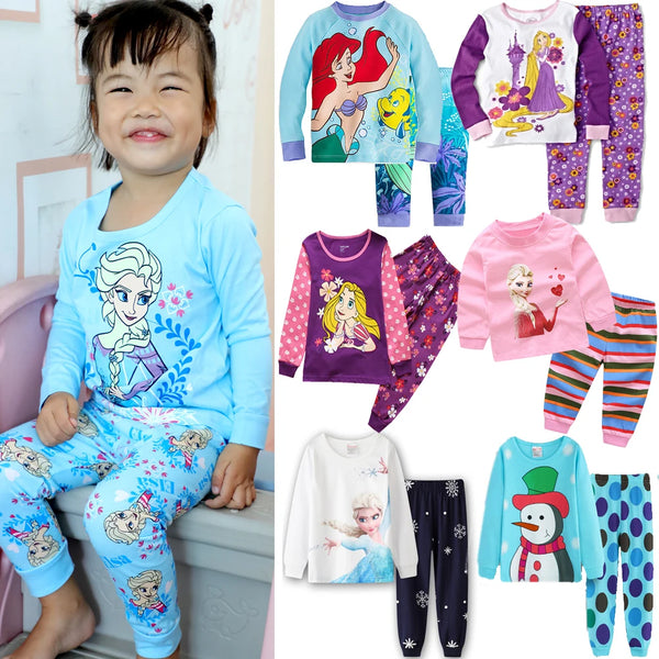 Free Shipping Girls Pajamas Kids Princess Anna Elsa Sleepwear Children Cartoon Clothing Set Baby Rapunzel Pijamas Cotton Pyjama