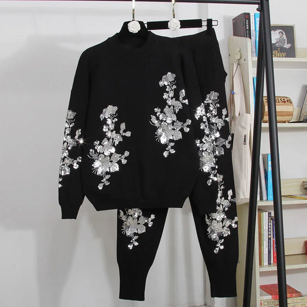 Korean Fashion Sequins Embroidery Flower Knitted Tracksuit Women 2pc Outfits Loose Casual Knit Pullover Sweater Pants Set Female