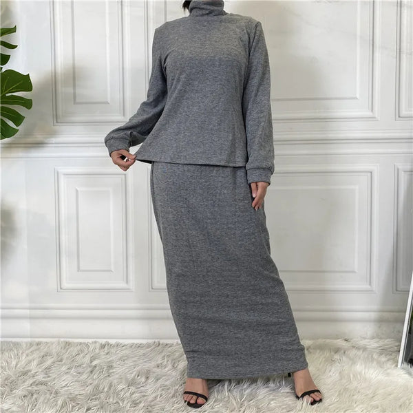 Turkey Turtleneck Tops Long Skirt 2 Pieces Set for Women Autumn Winter Warm Muslim Outfits Tracksuit Islam Dress Abaya Robe Suit