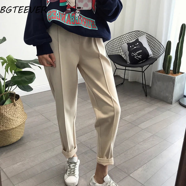 BGTEEVER Winter Thicken Women Pencil Pants Wool Pants Female Autumn High Waist Loose Trousers Capris Soft Good Fabric