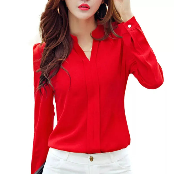 Long Sleeve Shirt Women Autumn Clothing Fashion Slim Chiffon Blouse V Neck Korean Elegant Ladies Office Shirts White Red