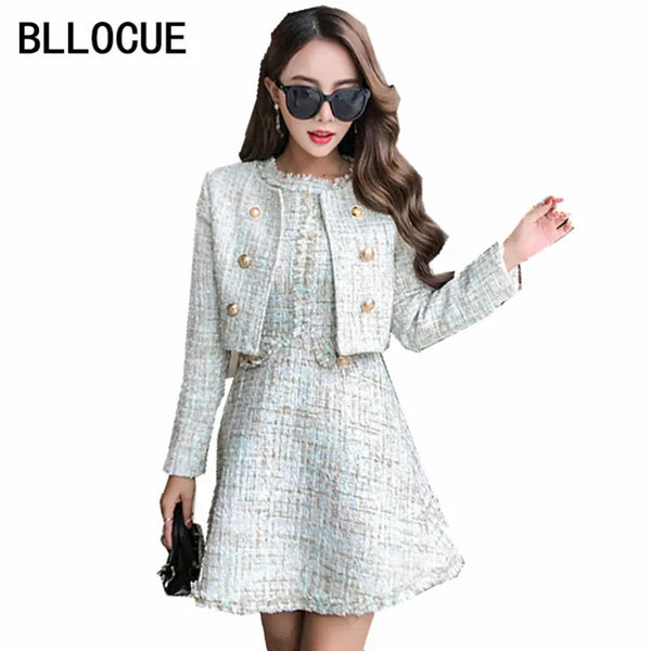 BLLOCUE Autumn Runway Tweed 2 Piece Set Dress Designer Winter Women White Short Jacket Coat + Mini Tank Tassel Wool Suits