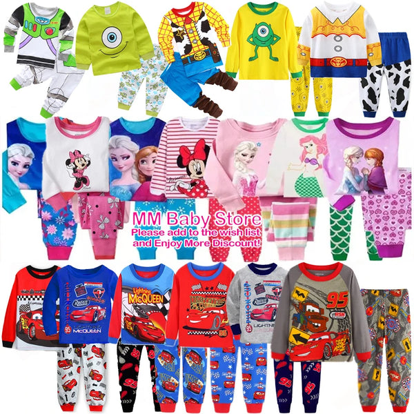 HOT 2pcs/set Children's Pajamas Sets Girls Boys Anna Elsa Cartoon Cars Minnie Mickey Kids Pyjamas Baby Boy Clothes