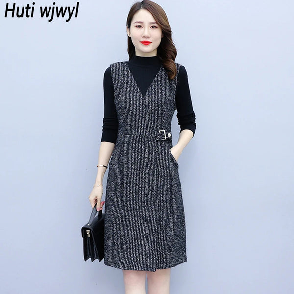 Autumn Winter Black Sweater Vest Dress Sets Women Thick Warm Midi Dress Two-piece Suit  Elegan Bodycon Vintage Party Vestido