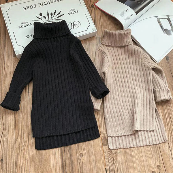 Toddler Girl Spring Dress 2025 Winter Sweater Clothes Solid Color Baby Girls Turtleneck Clothes 2-7Y Little Knitting