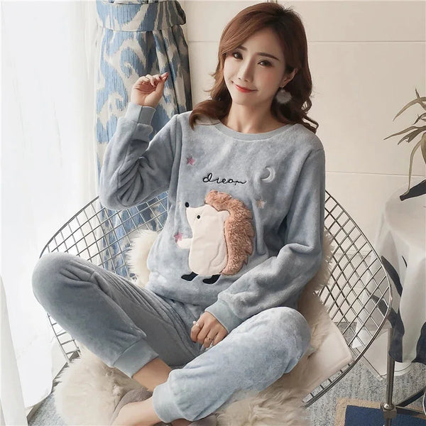 Autumn Winter Pajamas Set Women Sleep Shirt & Pant Set Sleepwear Warm Flannel Nightgown Female Cartoon Bear Animal Pijamas