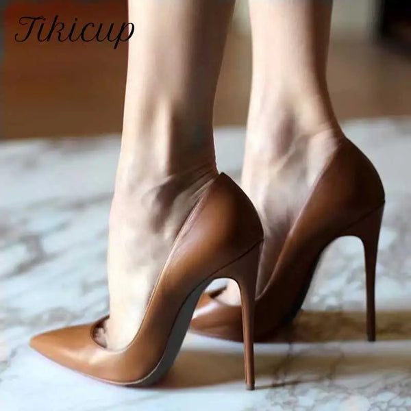 Tikicup Solid Dark Brown Matte Women Pointed Toe Stiletto High Heels Slip On OL Dress Shoes Elegant Ladies Formal Pumps