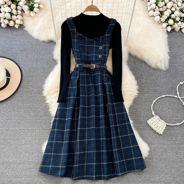 Vintage Korean Two Piece Set Dress Women Autumn Winter Plaid Woolen Spaghetti Strap Dress With Belt Long Sundress Vestidos