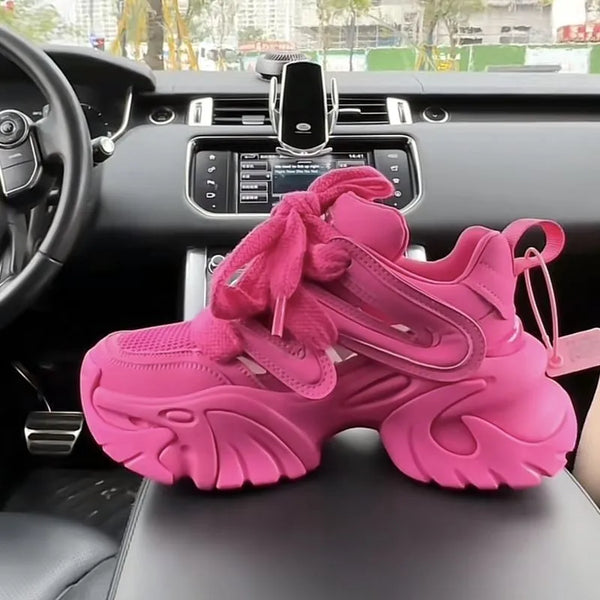 Pink Platform Sneakers Chunky Autumn Thick Sole Casual Shoes Women Breathable Sports Lace-up 2025 Fashion Outdoors Walking Shoes