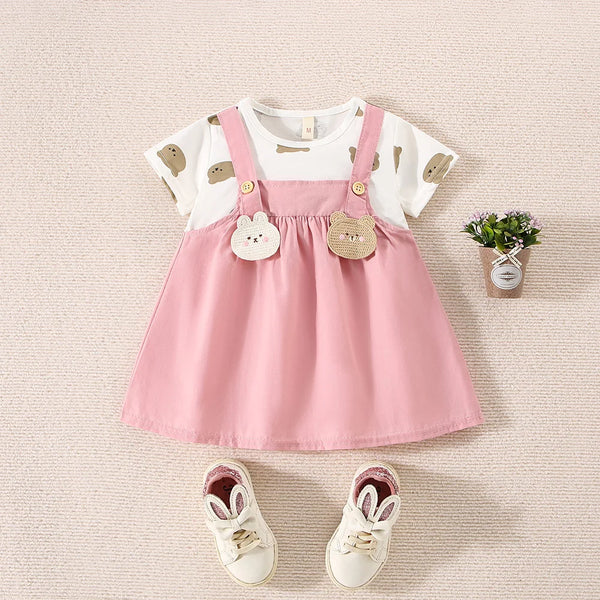 Summer New Girl Baby Dress Strap Dress Cartoon Animal Two Piece Set T-shirt Little Bear Print Sweet Princess Dress