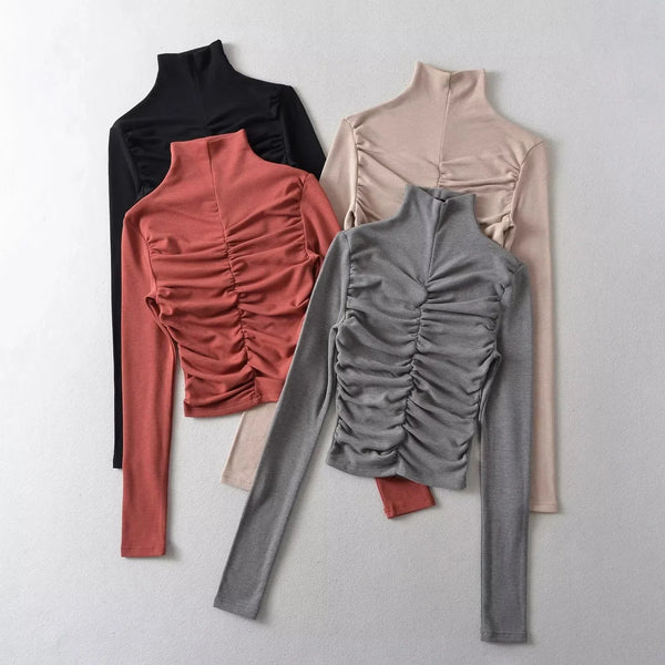 4 colors Autumn Winter High Collar Folds Ruched Front Chest Long Sleeve Skinny T-shirts Women Slim Fit Tee Base Blouse Tops