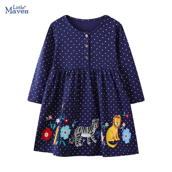 Little maven Kids Clothes 2025 Autumn Spring Baby Girls Children's Clothing Embroidered Cartoon Animals Casual Dress Cotton