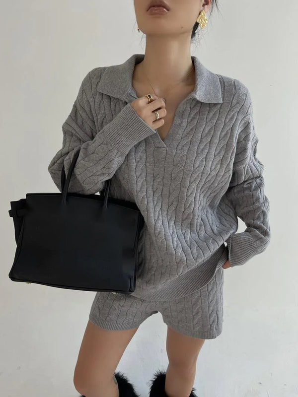 Fashion Women Shorts Set New Polo Collar Sweater+wool Shorts Two-piece Set For Women New Fashion Women Sweater O7OF