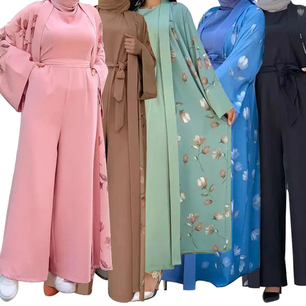 2024 New Flower Long Open Abayas Elegant 2 Piece Suit Muslim Fashion Modest Clothing Pantalons Niqab Muslim Sets Prayer Dress