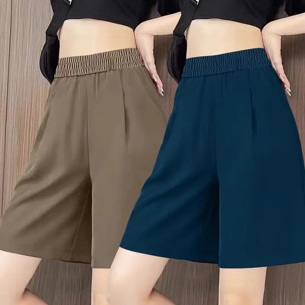 Summer High Waist Casual Pleated Solid Color Five Quarter Pants Female Simplicity Pocket Loose Waist Wide Leg Pants Women's