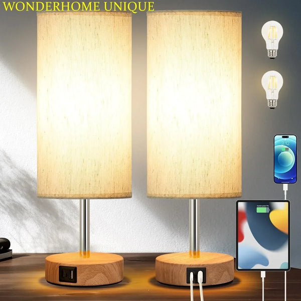 Dimmable Bedside Lamp Table Lamp with USB Charging Port Reading Nightstand Lamp Lampshade for Bedroom Decoration Light Fixture