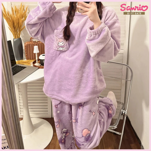 New Sanrio Kuromi Pajama Sets Women Winter Warm Plush Cute Sleepwear Print Pajama Cartoon Home Clothes Valentine'S Day Gift Soft