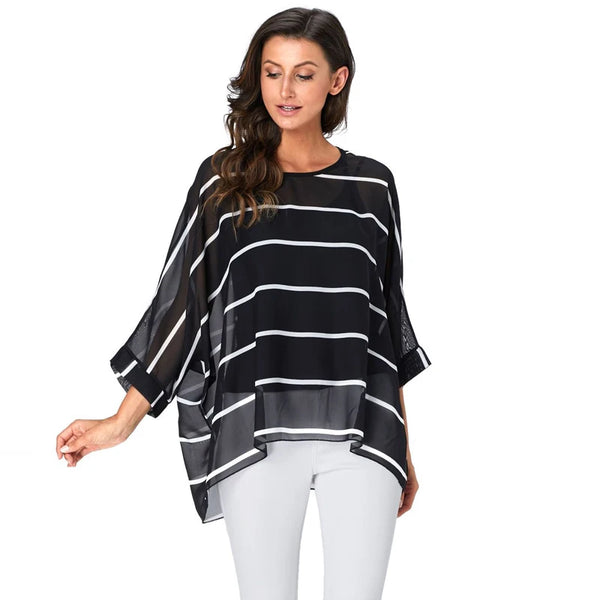 BHflutter 4XL 5XL 6XL Plus Size Blouse Shirt Women New Striped Print Summer Tops Tees Batwing Sleeve Casual Chiffon Blouses 2025