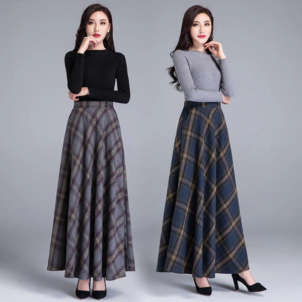 Mom High Waist Woolen Plaid Skirts Autumn Winter Women's 3XL Wool Maxi Skirts Female Fashion Casual Long Streetwear