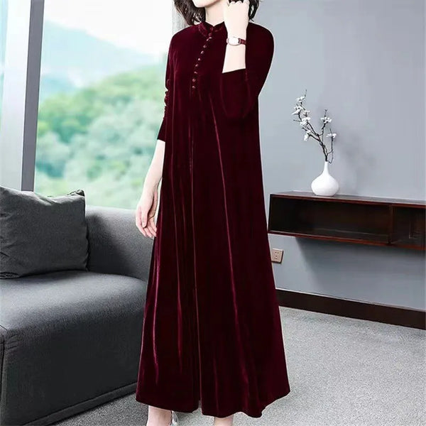 Gold Velvet Nightdress Women Autumn Winter 2024 New Temperament Feminine Long Dress Middle-Aged Mother Nightgowns M-4XL