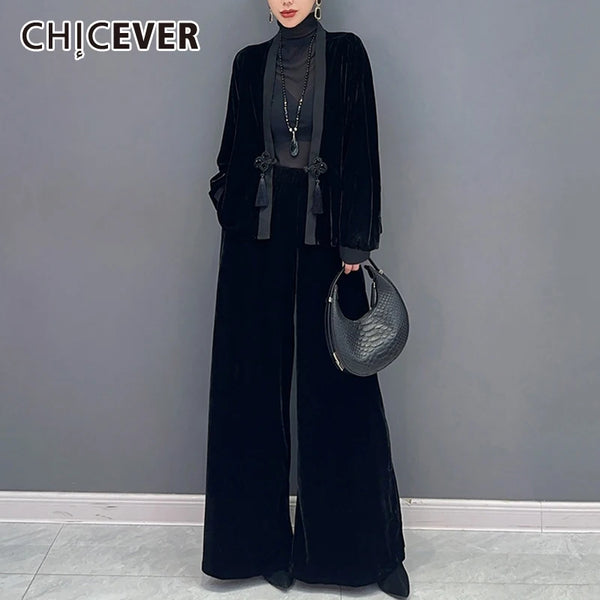 CHICEVER Fashionable Two Piece Set For Women Deep Neck Long Sleeve With Gold Velvet Button Jacket Casual Trousers Outfit Female