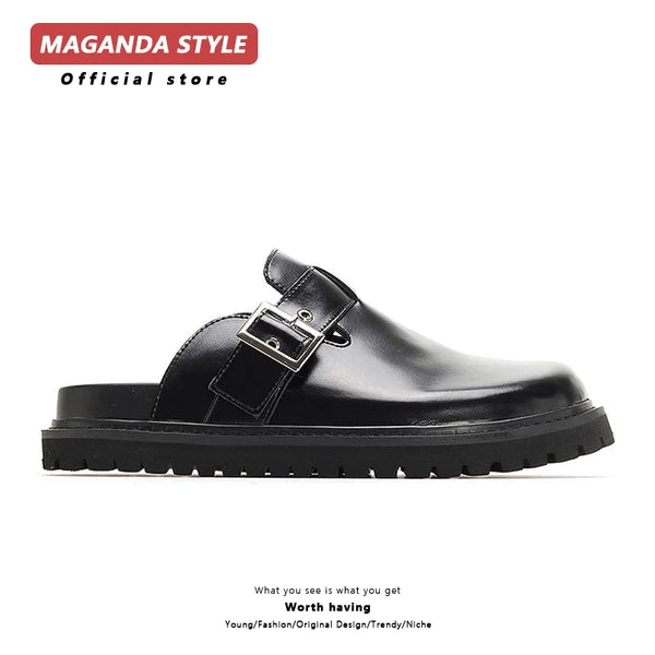 Maganda Half Dragged Derby birken Shoes for Men Black Leather Thick Bottom Anti Slip Lazy Bun Sandals