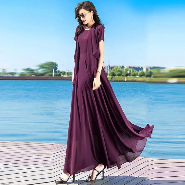 Female Korean Fashion Chiffon Dress Cardigan Two-piece Set, Women's Summer Suit Dress, Trendy Temperament, Slim Long Dress,