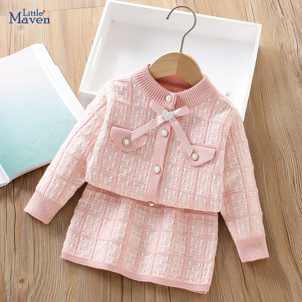 Little maven Children's Plaid Outfits With Bowknot for Baby Girls Princess Suits Winter Elegant Sweater + Dress Lattice Set