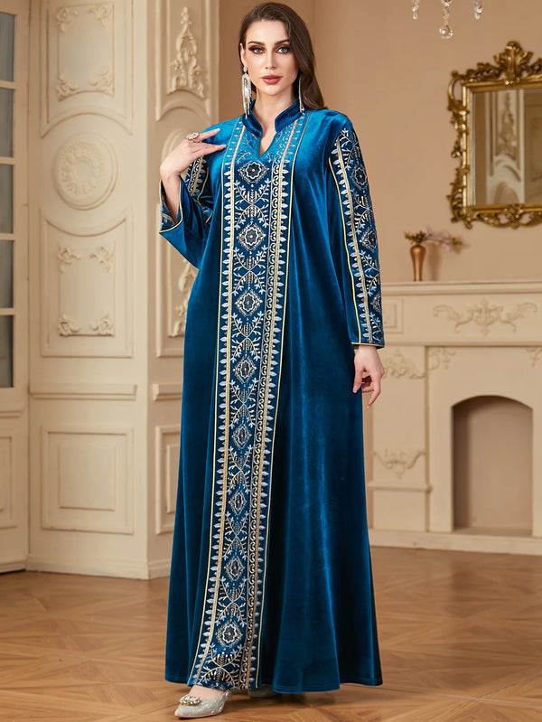 Cross border Middle Eastern women's long robe, embroidered and spliced Muslim dress, V-neck Dubai long skirt