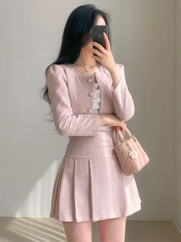 High Quality spring Small Fragrant Two Piece Set Women Outfit Short Jacket Coat + Skirt 2 Piece Sets Conjuntos Cortos