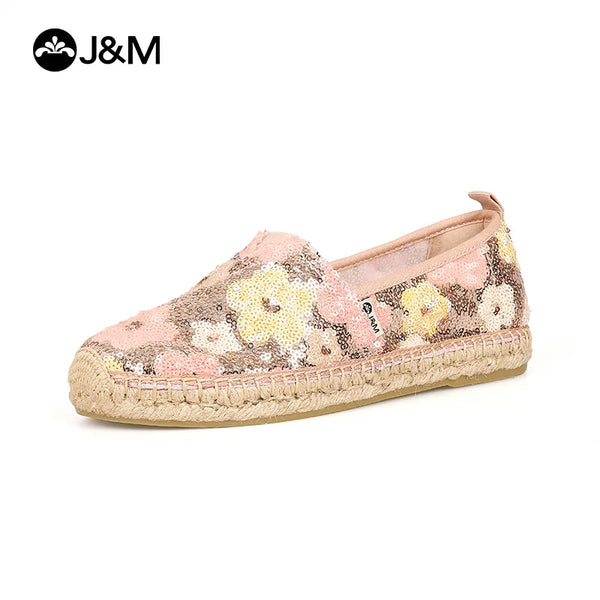 J&M Women Loafers 2025 Fashion Fisherman Shoes Summer Sequins Flower Platform Espadrilles Slip-On Casual Flat Shoes