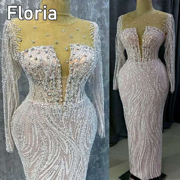 1&Only Crystal Stones Long Sleeves Formal Evening Dress Pink Beaded Mermaid Prom Dresses Floor Length Custom Made Celebrity Party Gowns