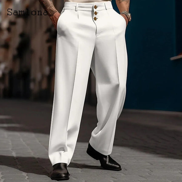 2025 Men's Stand Pocket Elegant Wide Leg Pants Solid White Party Wedding Trousers Plus Size Mens Fashion Buttons Up Suit Pants