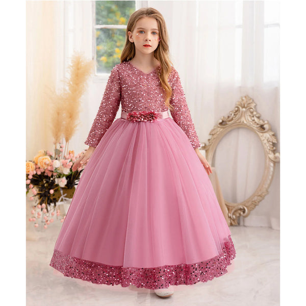 Little Big Girls Winter Long Sleeves Sequined Flower Girl Birthday Party Pageant Holiday Long Dress