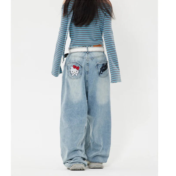 Sanrio Hello Kitty Y2k Baggy Jeans High Waist Wide Leg Pants Women American Street Retro Femme Hello Kitty Stuff