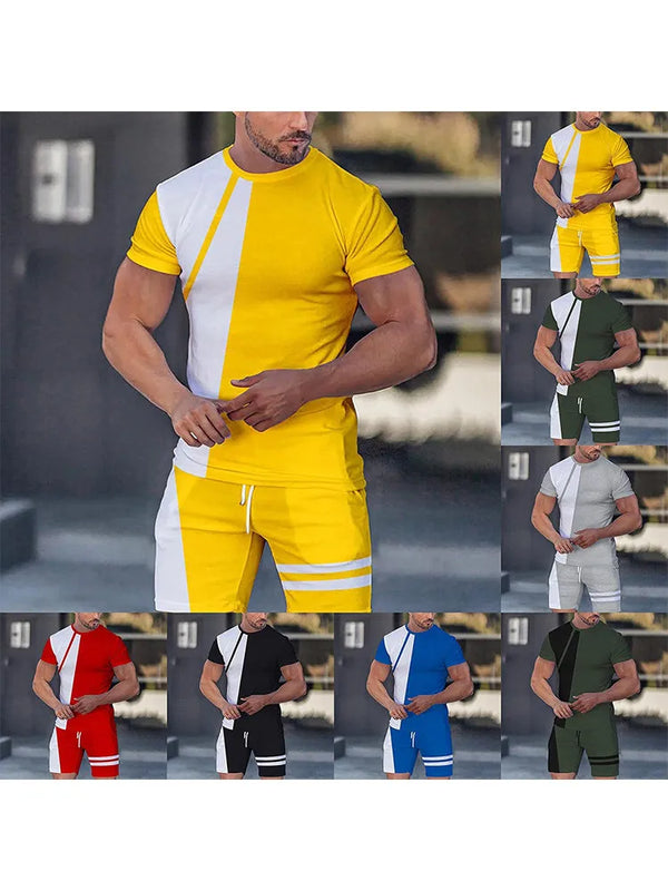 Patchwork Printing Mens 2 Pieces Casual Fashion T-shirt Set Workout Tracksuit Shirt And Shorts Set Sport Summer Outfit Sets