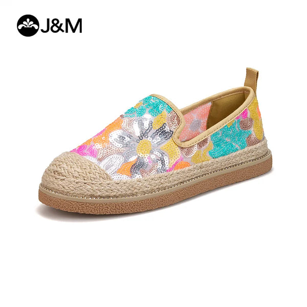 J&M Fisherman Shoes Women Flats Fashion Summer Sequins Flower Mesh Breathable Casual Shoes Slip-on Shoes Espadrilles Flat