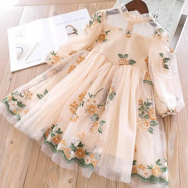 Little Girls Autumn Full Sleeves Dress for Children Party Kids Casual Dress Pink Floral Embroidery Dresses Princess Wear Vestido