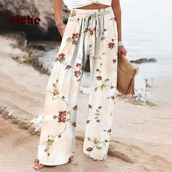 Pure Cotton Beach Pants for Women, Fresh Flower Printing, Loose High Quality, Designer Fashion, Street Wide Leg Pants