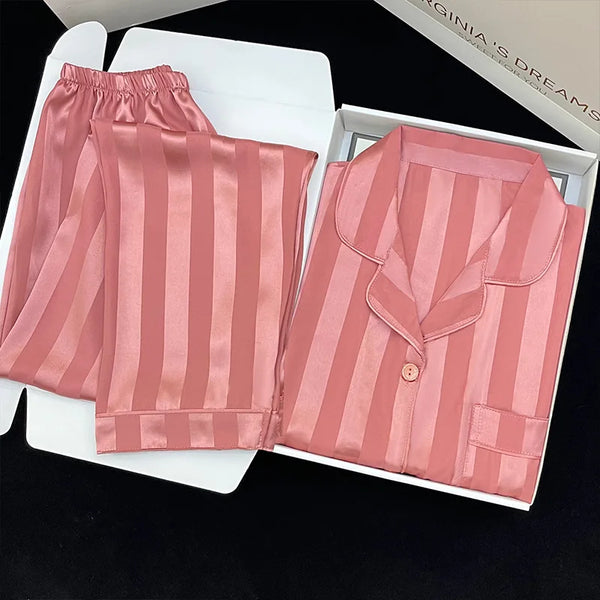 High-quality Striped Pajamas Women's Spring Autumn  Long-sleeved Trousers Thin Cardigan Pijamas Women Pink Satin Silk Sleepwear