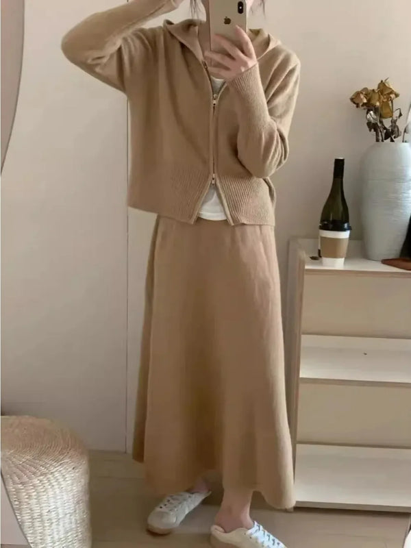 Two Piece Sets Muslim Knitting Skirts Outfits Women Hooded Zipper Cardigan Sweater Long Skirt Suit Knitwear Ensemble Casual