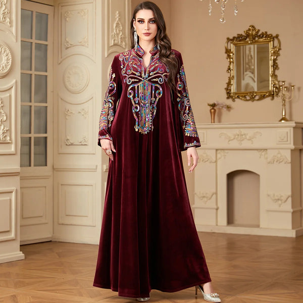 Sequin Embroidery Abayas for Women Eid Muslim Maxi Dress Dubai Kaftan Long Sleeve Winter Velvet Jalabiya Islam Clothing Vestidos