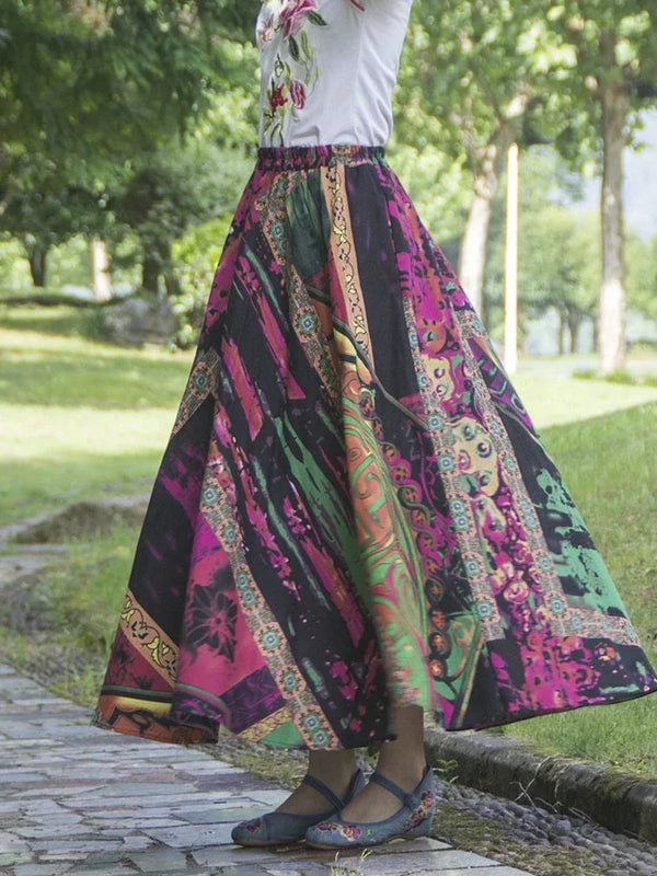 Cotton Linen Women Medieval Skirt Women Print Dubai Turkey Retro Eid Style Skirt Muslim Maxi Long Skirt Spring Summer 2025