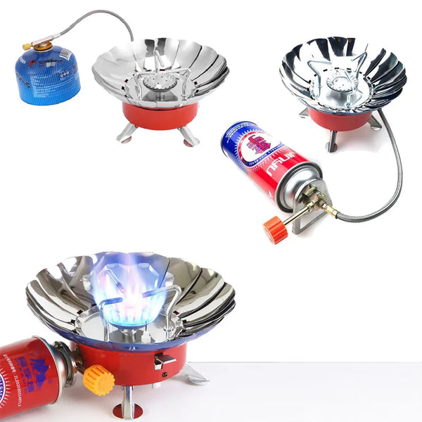 Outdoor Mini Portable Folding Heater Camping Lotus Burner Kitchen Cooker Heating Foldable Furnace Head Card Gas Stove Wind Proof