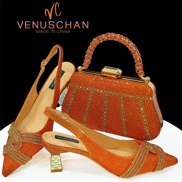 Venus Chan 2025 Special Design High Quality Orange Color Women Shoes and Bag Set with Shinning Crystal for Wedding Party