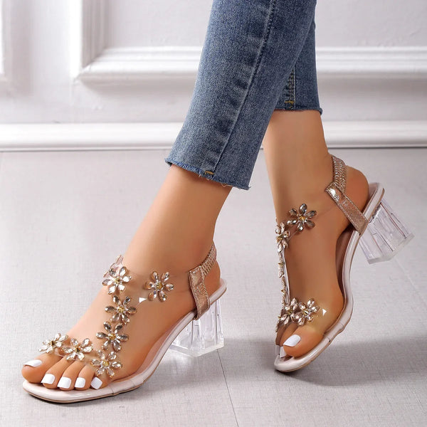 Women;s Sandals Pvc Crystal Flower Shoes for Women Decoration Chunky Heel Sandals Ladies Back Strap Fashion Shoes Female