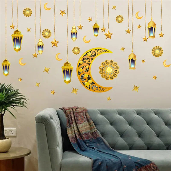 Ramadan Wall Stickers Moon Star Lantern DIY Wall Decal Ramadan Kareem Decoration for Home 2025 Islamic Muslim Mural Eid Mubarak