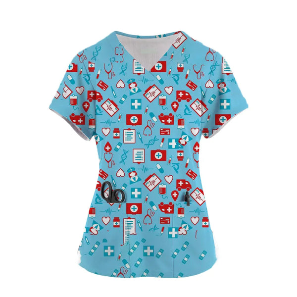 Dental Hospital Workwear Nursing Frosted V-Neck Top Prints Pocket Design High-Quality Doctor Surgical Uniform Hospital Accessori